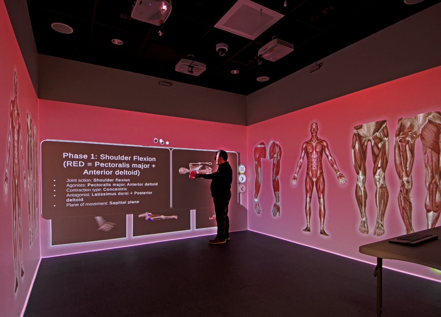 Immersive room with human anatomy projections in red ambient lighting
